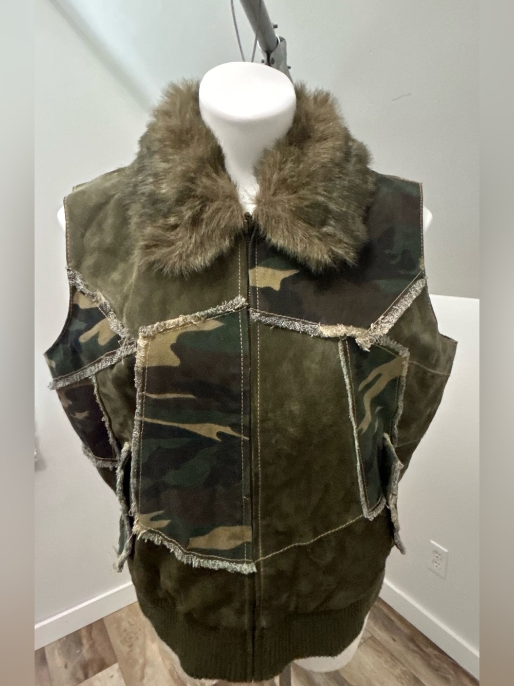 Wilsons Leather Olive Camo Patchwork Vest with Faux Fur Collar